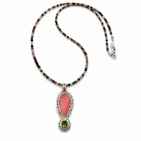 "Wile Rose " Pink Calcite and Peridot on Natural Tourmaline Beaded Necklace