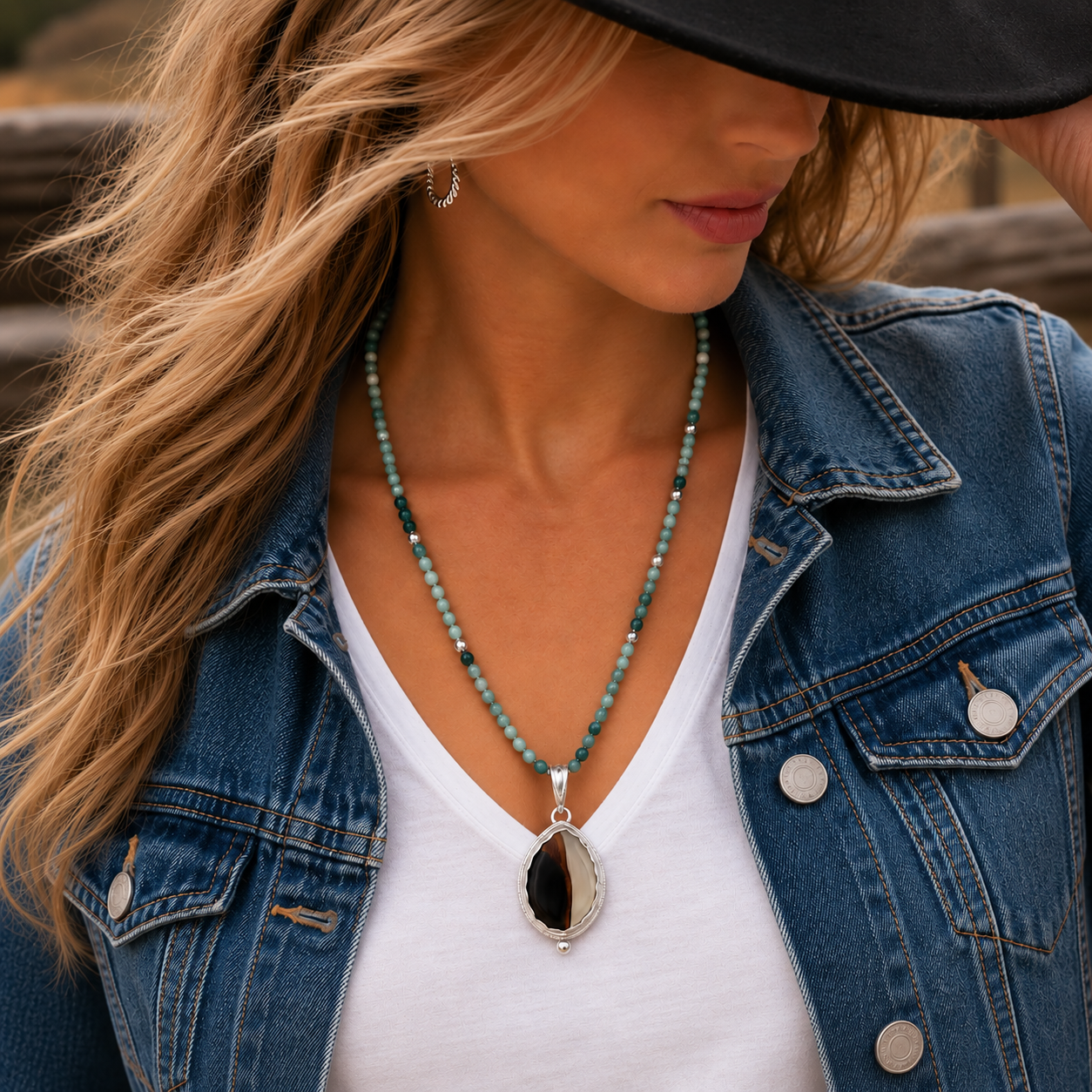 "Natural Balance" Montana Agate on Turquoise Beaded Necklace