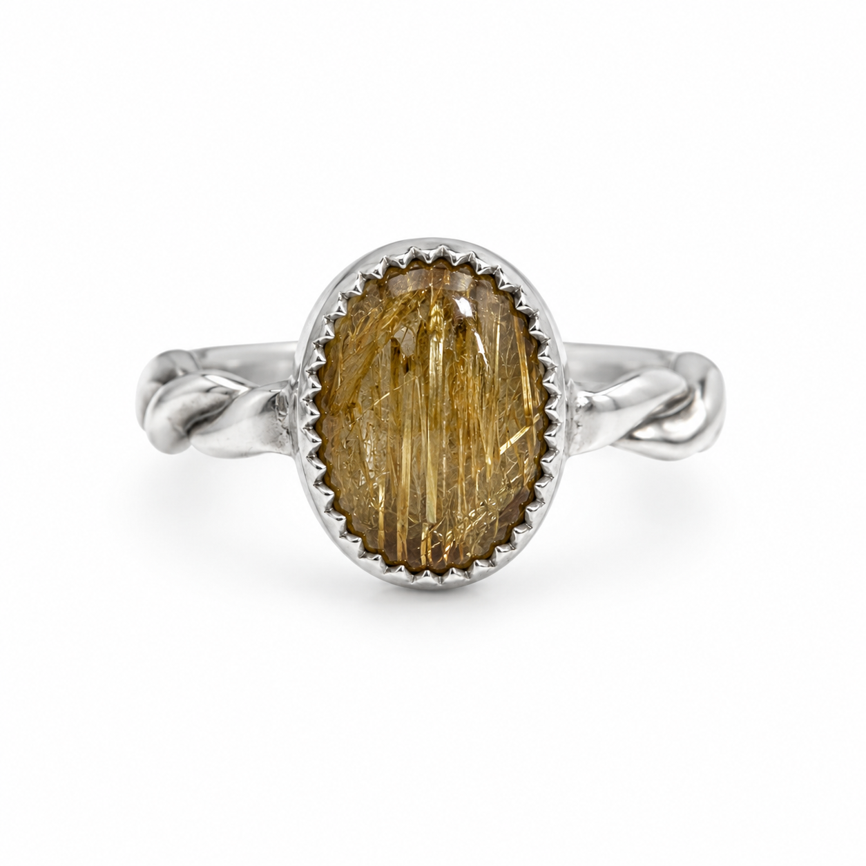 "Golden Threads" Golden Rutile Quartz on Twisted Sterling Silver Ring Band (Size 6.5)