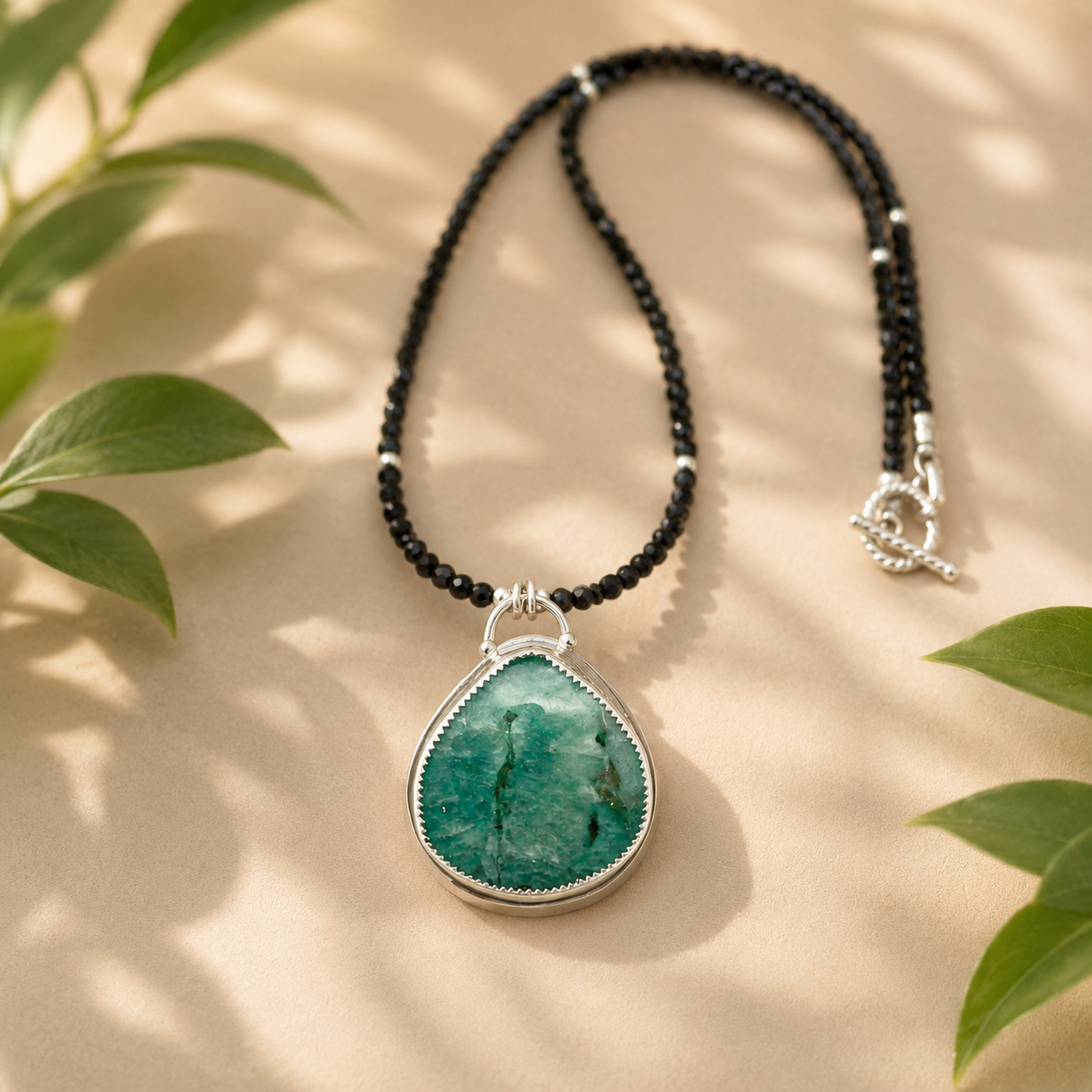 "Amazon Mist" Amazonite Pendant on Black Onyx Beaded Necklace