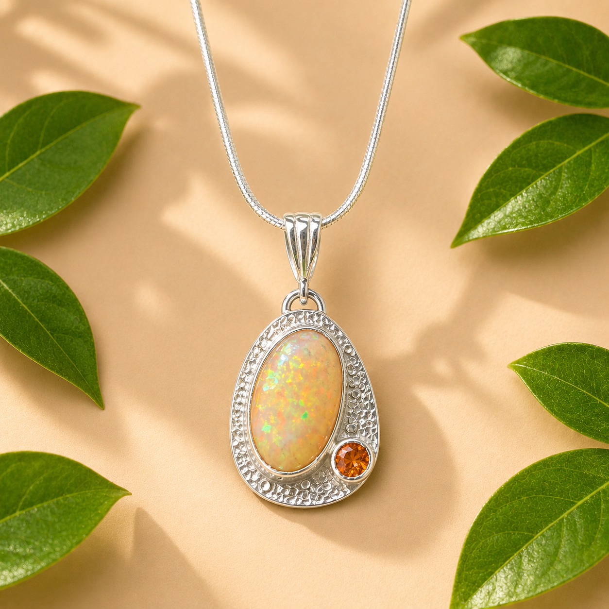 "Opal Sky" Ethiopian Opal and Hessonite Garnet Pendant