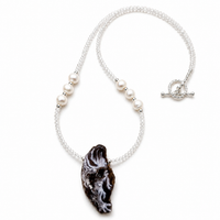"Some Enchanted Evening" Druzy Oca Agate Geode with Freshwater Pearl and Labradorite Beaded Necklace