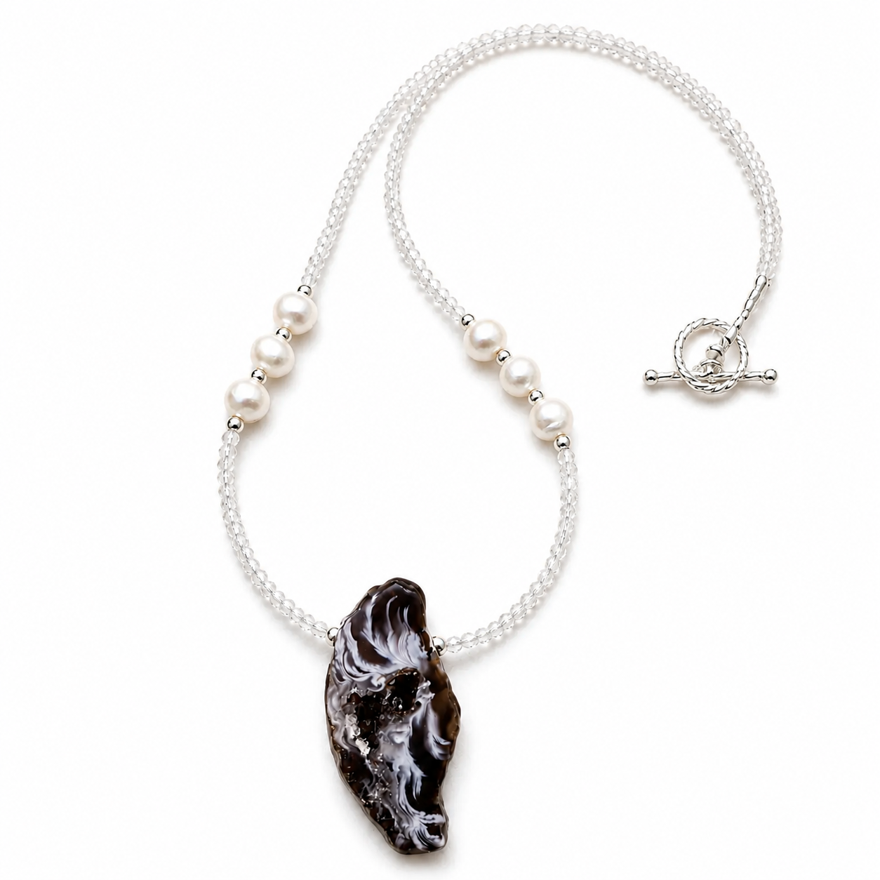 "Some Enchanted Evening" Druzy Oca Agate Geode with Freshwater Pearl and Labradorite Beaded Necklace