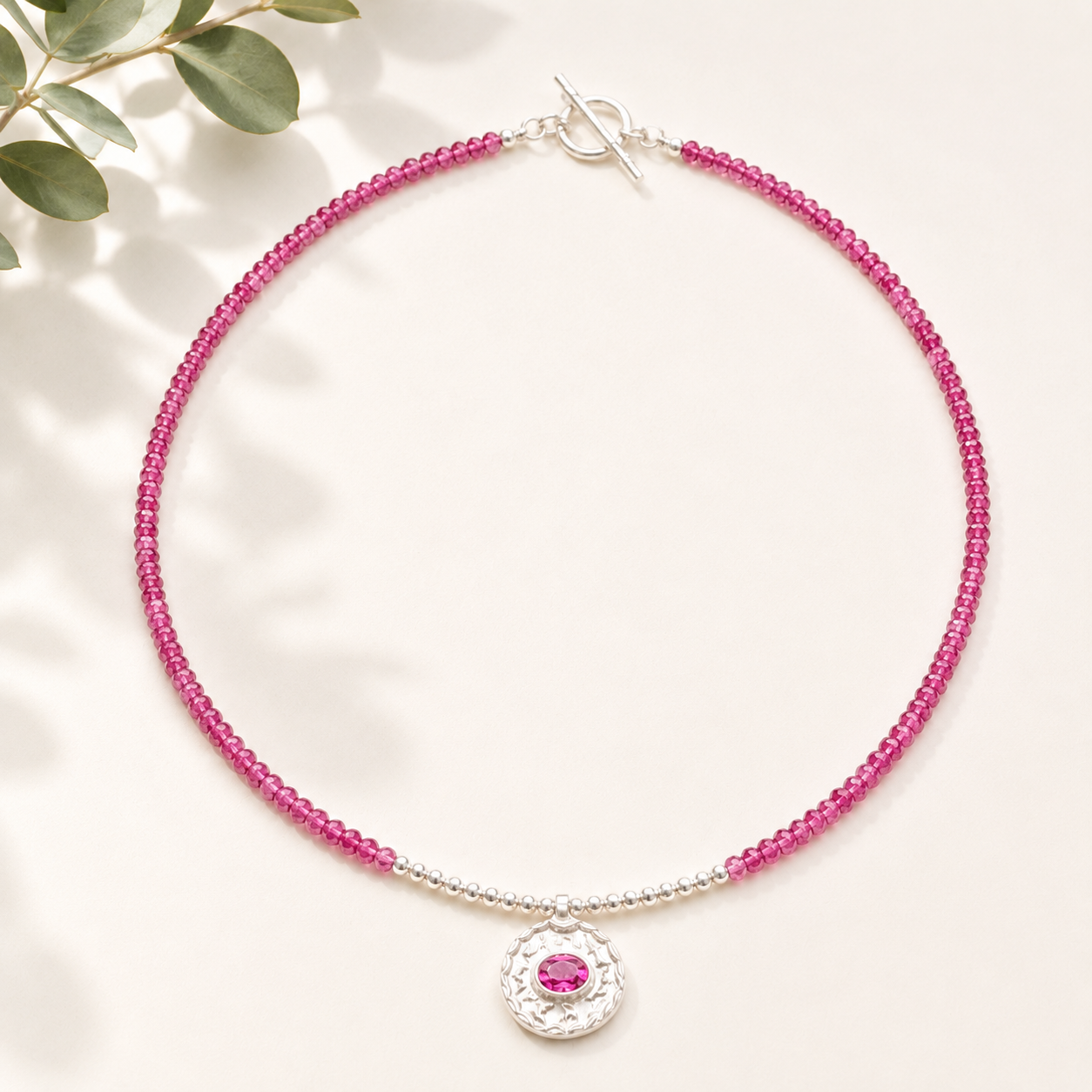 "Ruby Bridges" faceted Pink Ruby Pendant on natural Pink Ruby Beaded Necklace