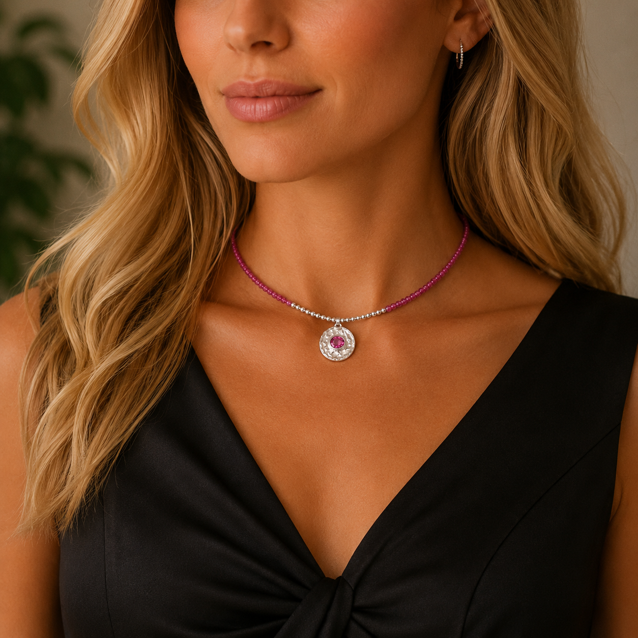 "Ruby Bridges" faceted Pink Ruby Pendant on natural Pink Ruby Beaded Necklace