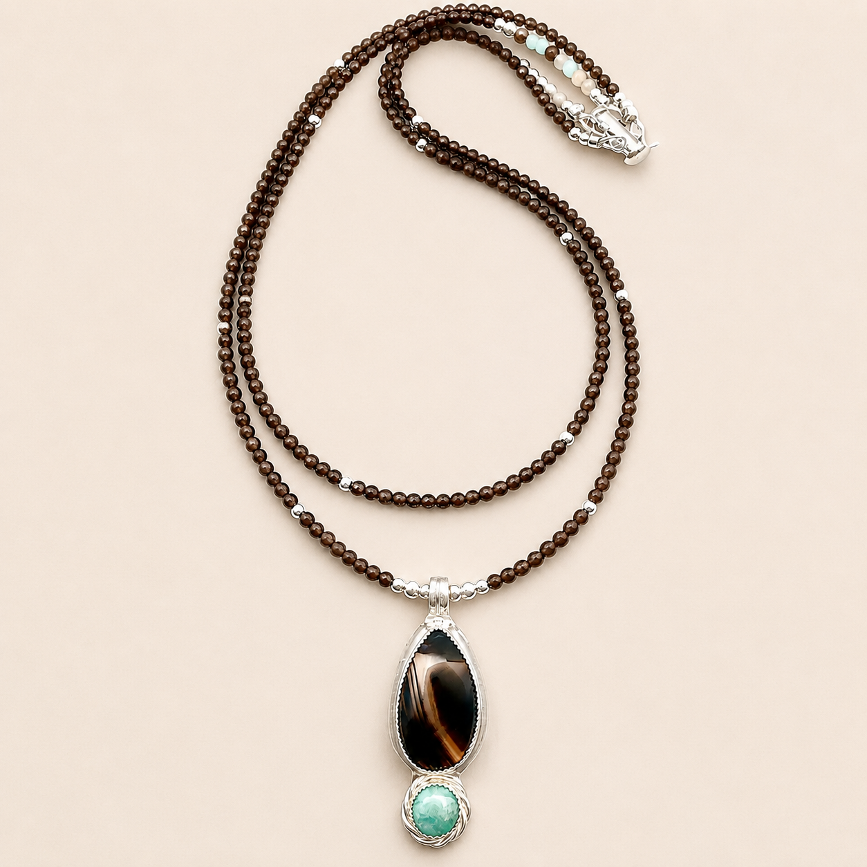 "Lightning Bolt of Inspiration" Montana Agate and Amazonite Pendant on double-strand beaded smoky-quartz necklace