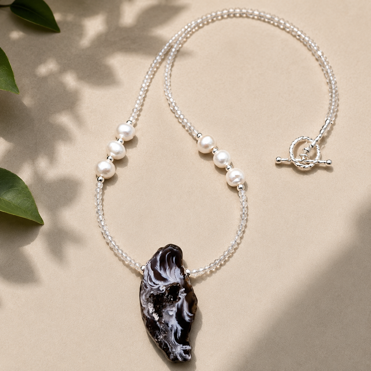 "Some Enchanted Evening" Druzy Oca Agate Geode with Freshwater Pearl and Labradorite Beaded Necklace