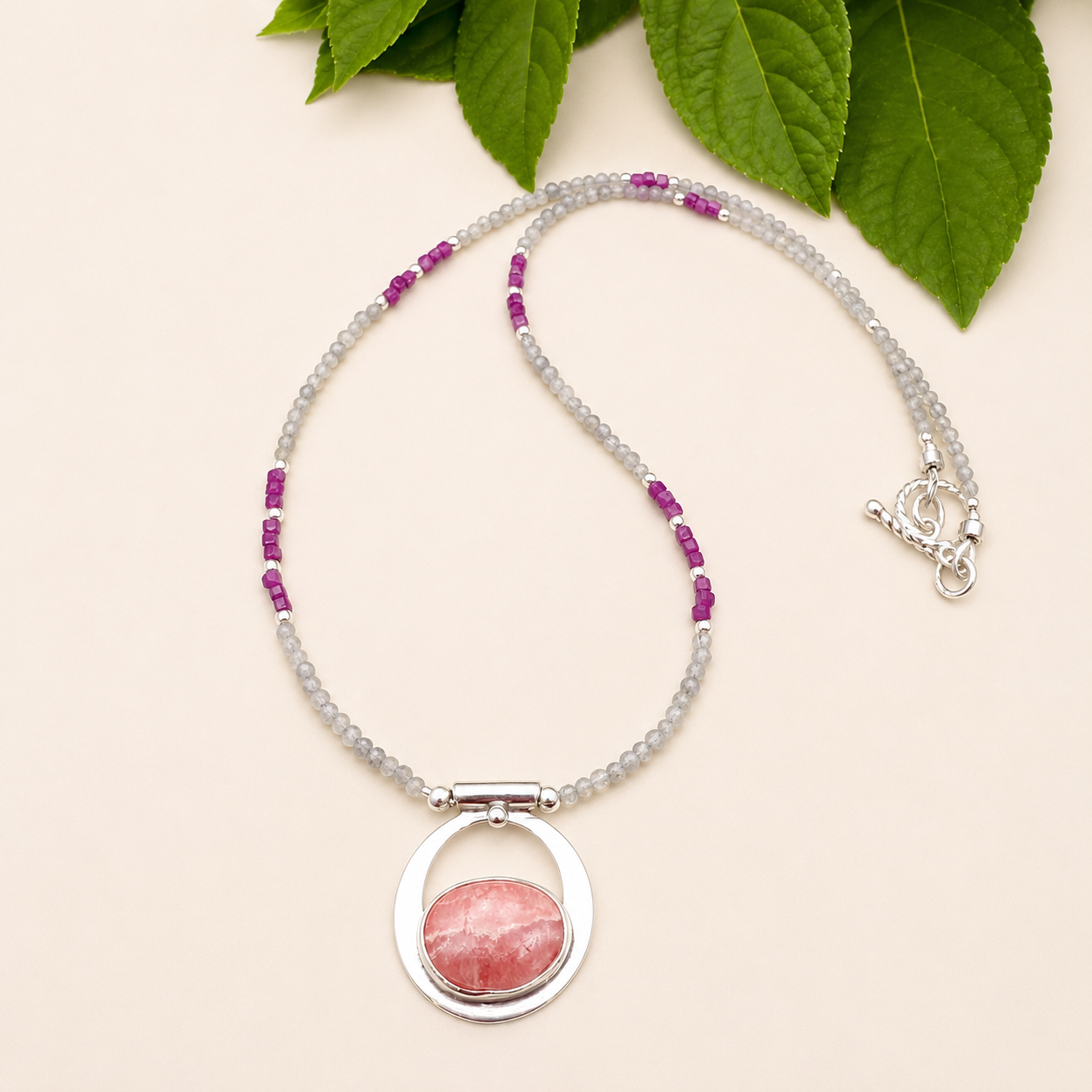 "Sweet Elegance" Rhodochrosite with Ruby and Labradorite Beaded Necklace