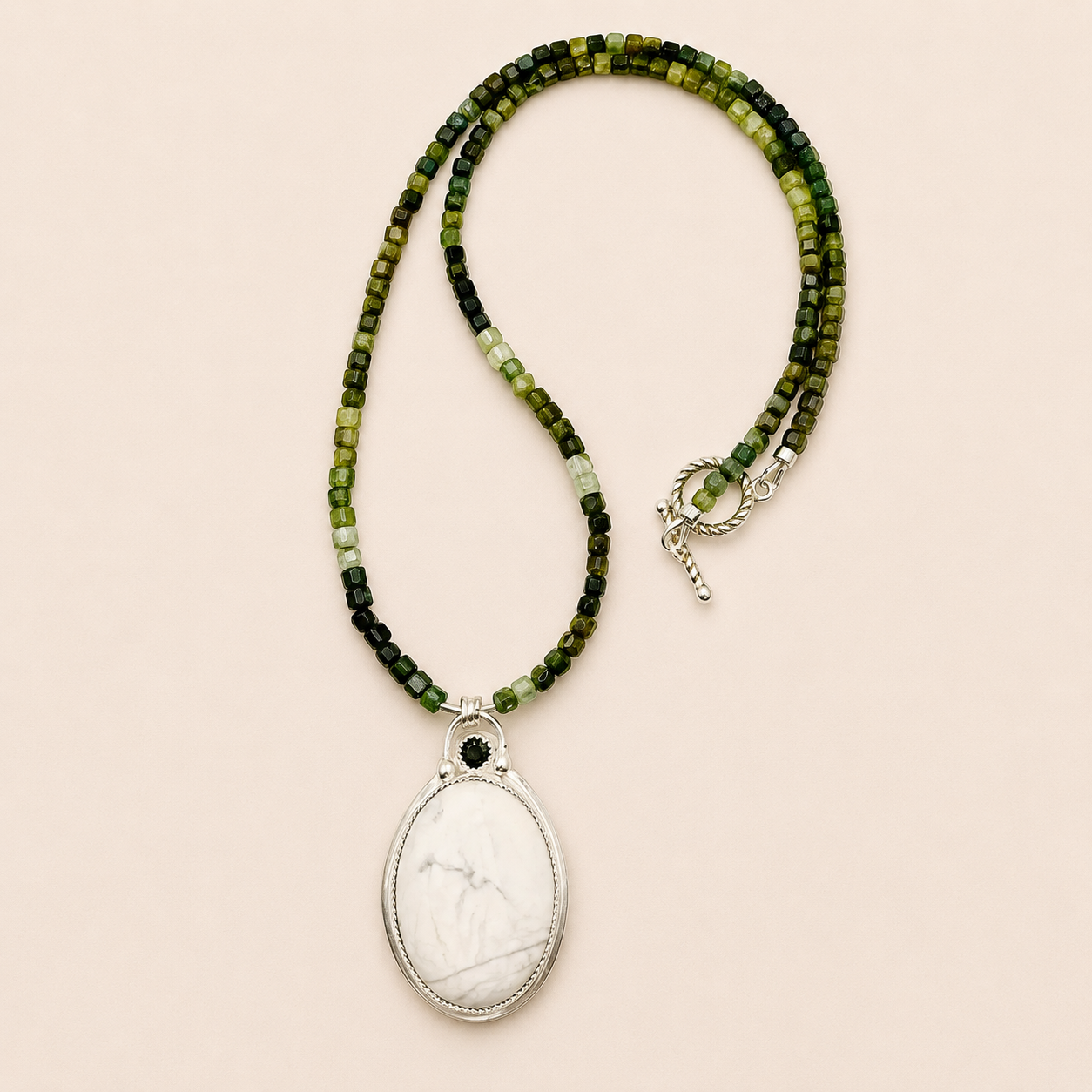 "My How and Your Why" Howlite Pendant on Tourmaline Beaded Necklace