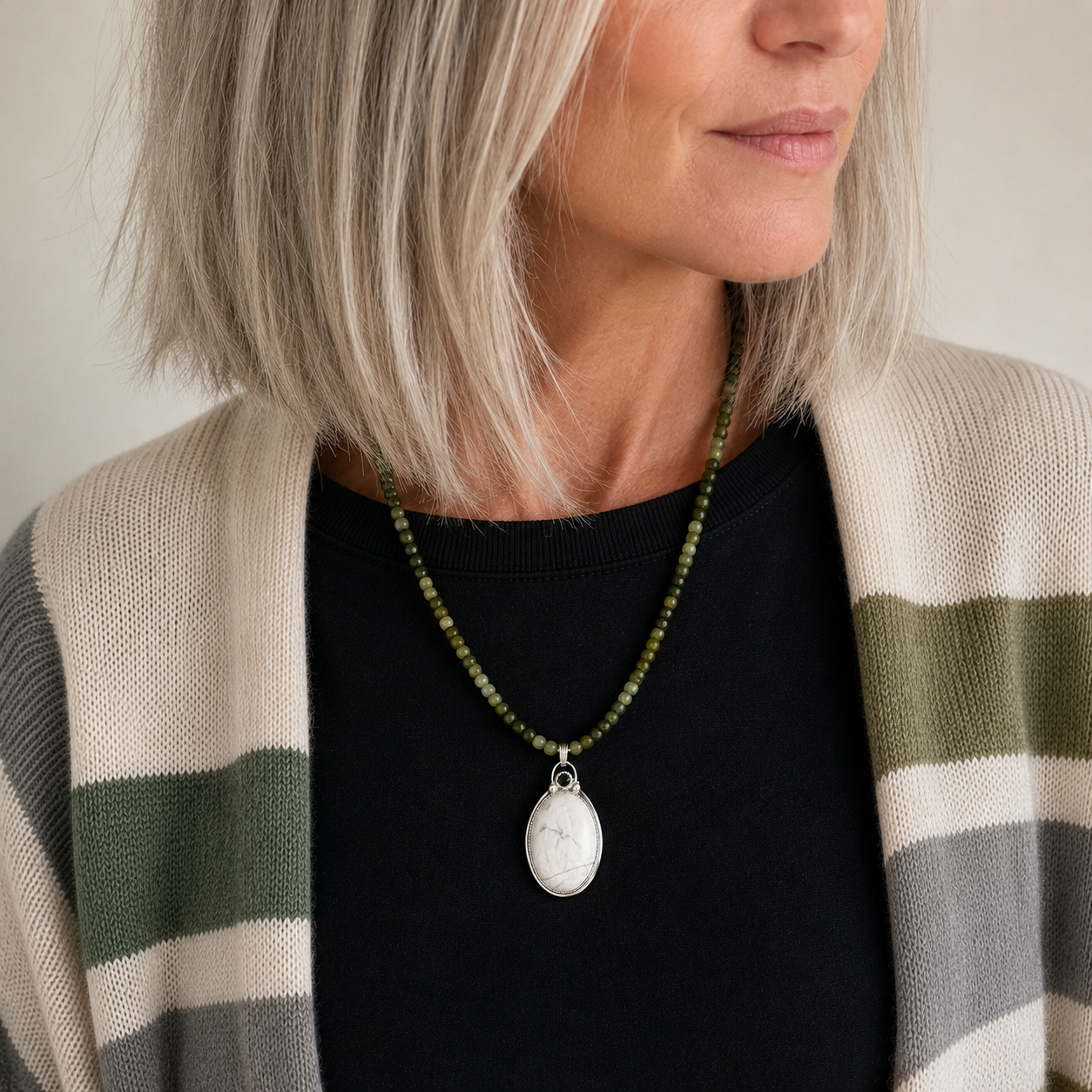 "My How and Your Why" Howlite Pendant on Tourmaline Beaded Necklace