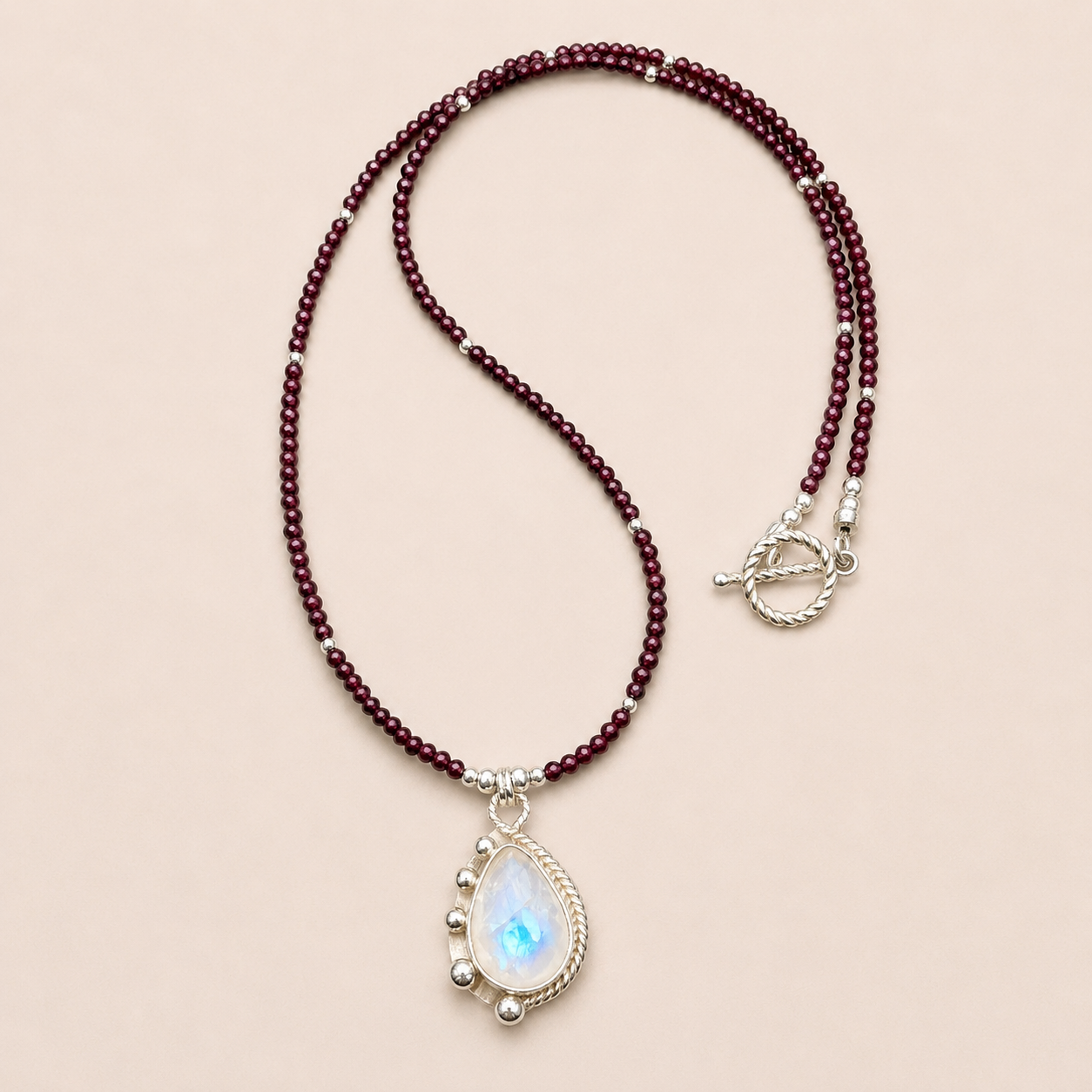 "Moonlit Ember" Moonstone Pendant with Garnet Beaded Necklace