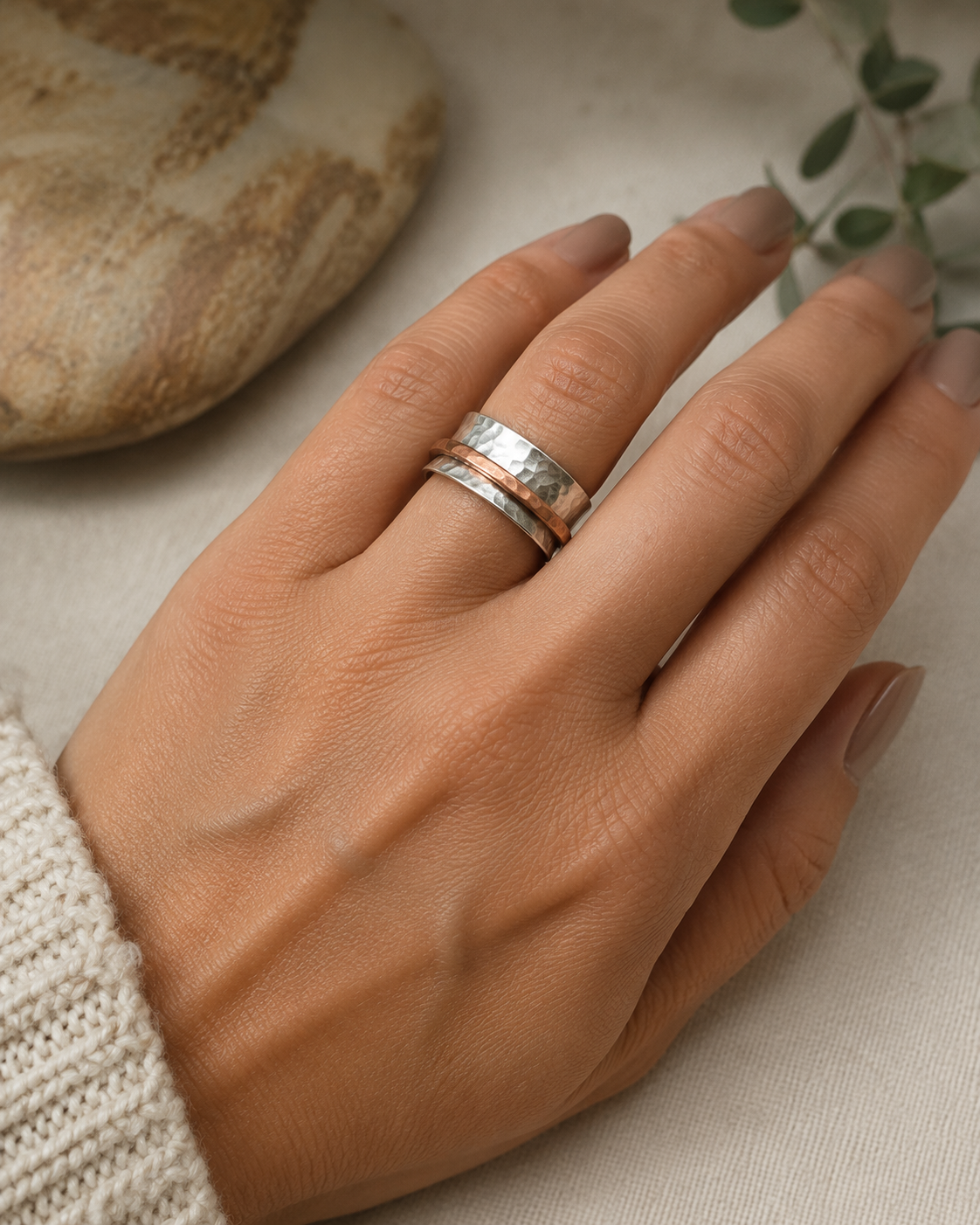 "Earth and Sky" Spinner Ring Hammered Sterling Silver and Copper -- made to order in your size