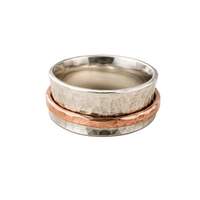 "Earth and Sky" Spinner Ring Hammered Sterling Silver and Copper -- made to order in your size
