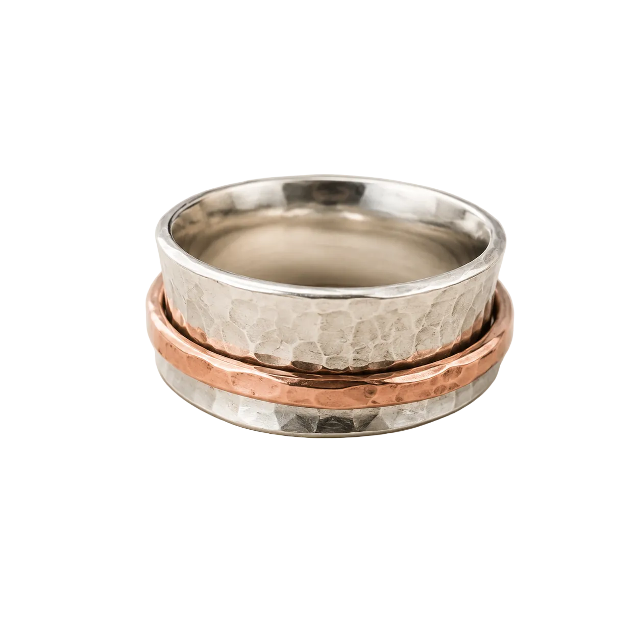 "Earth and Sky" Spinner Ring Hammered Sterling Silver and Copper -- made to order in your size
