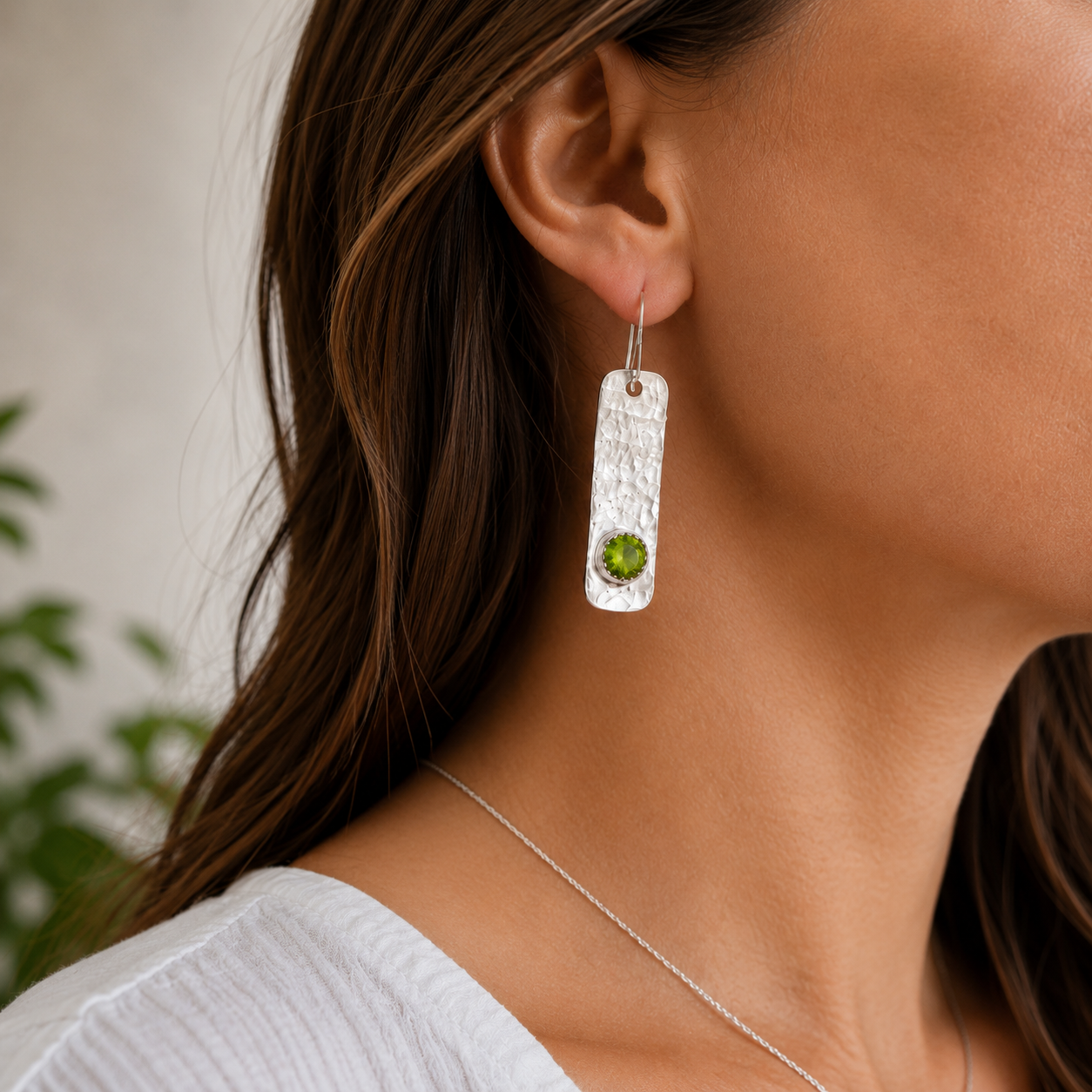 "Verdant Light" Peridot and Hammered Sterling Silver Earrings