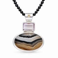 "Desert Moon" Banded Agate and Ametrine Pendant on Black Onyx and Aquamarine Beaded Necklace (Choker Length)