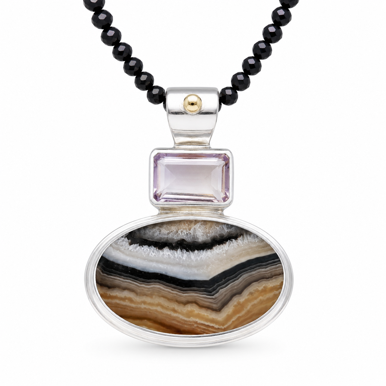 "Desert Moon" Banded Agate and Ametrine Pendant on Black Onyx and Aquamarine Beaded Necklace (Choker Length)