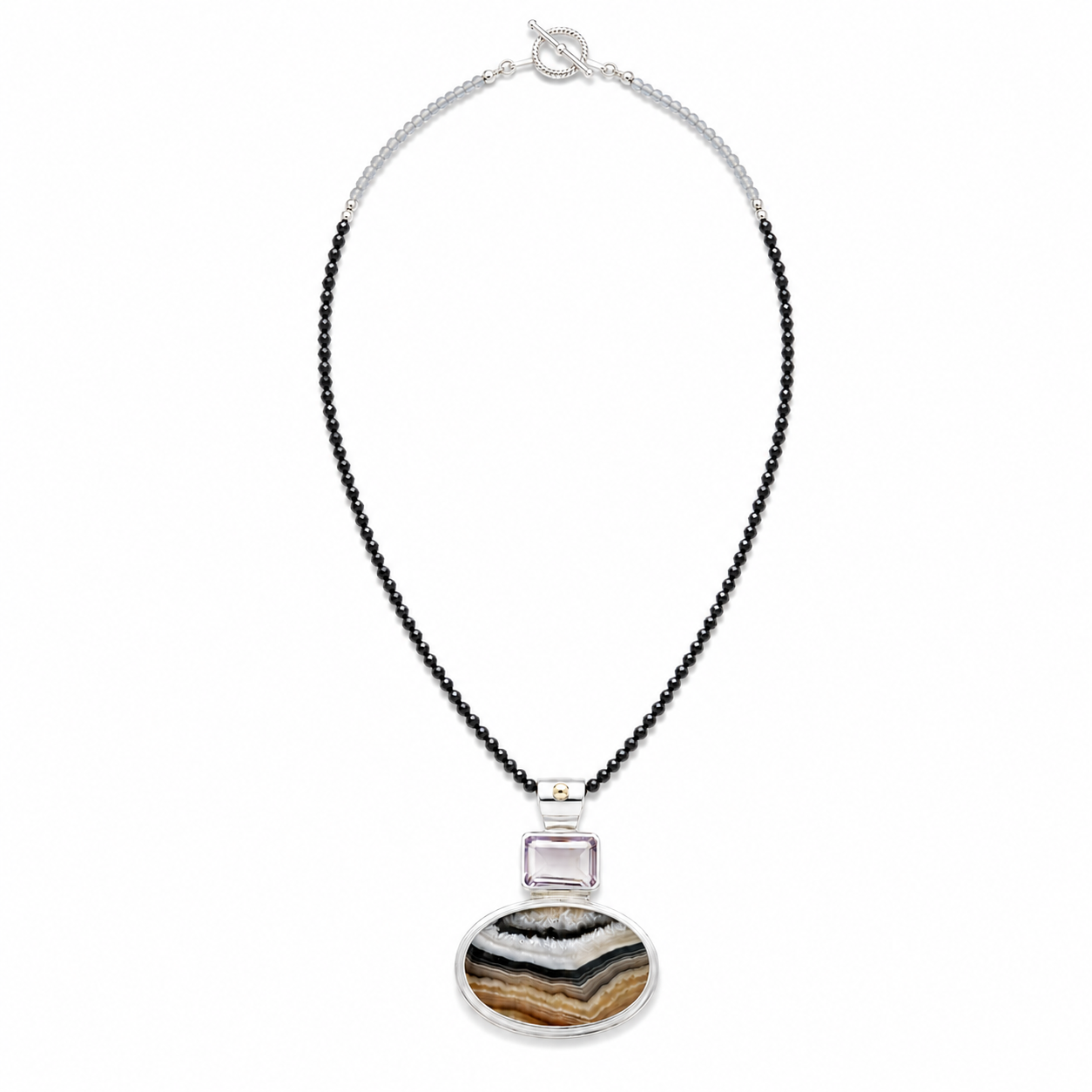 "Desert Moon" Banded Agate and Ametrine Pendant on Black Onyx and Aquamarine Beaded Necklace (Choker Length)