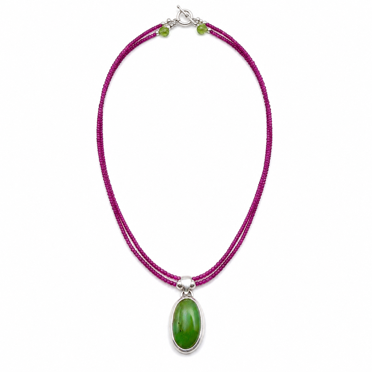 "Joy in Bloom " Chrysoprase Pendant on Natural Pink Ruby Double-Strand Beaded Necklace