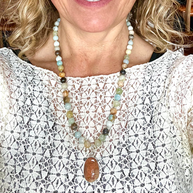 "A Piece of Herstory" Rare Agatized Fossil (Agate) with 20.5" Beaded Apatite Necklace with 1.75" Pendant