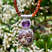 "Grounded in Purple Passion" Rhyolite and Amethyst with Hessonite Beads 20" Necklace with 2" Pendant