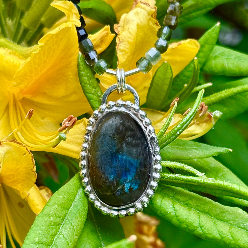 "Blue Skies Smiling at Me" Labradorite with Tourmaline Beads 18" Necklace with 1.25" Pendant