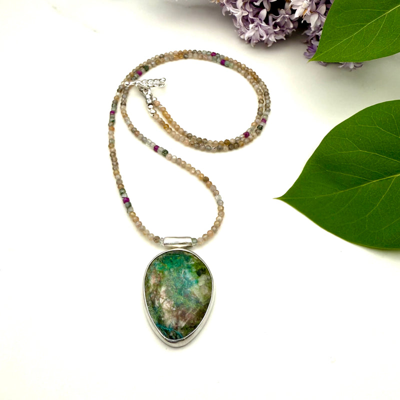 "Secret Garden" Chrysocolla Pendant with Moonstone and Ruby Beads 20" Necklace with 1.25" Pendant