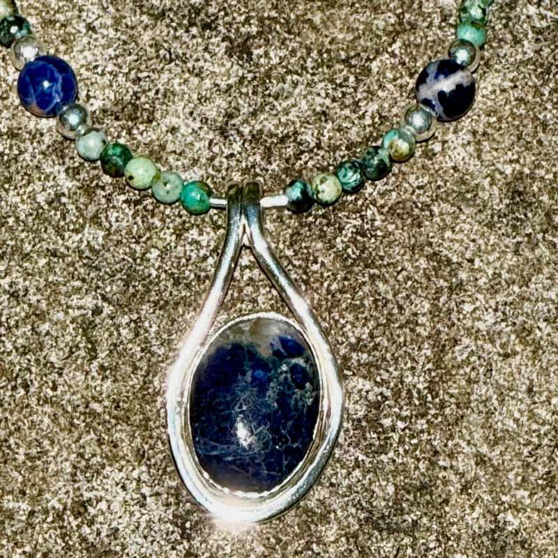 "Earth's Bounty" Sodalite Pendant with Turquoise Beaded 20" Necklace with 1.75" Pendant