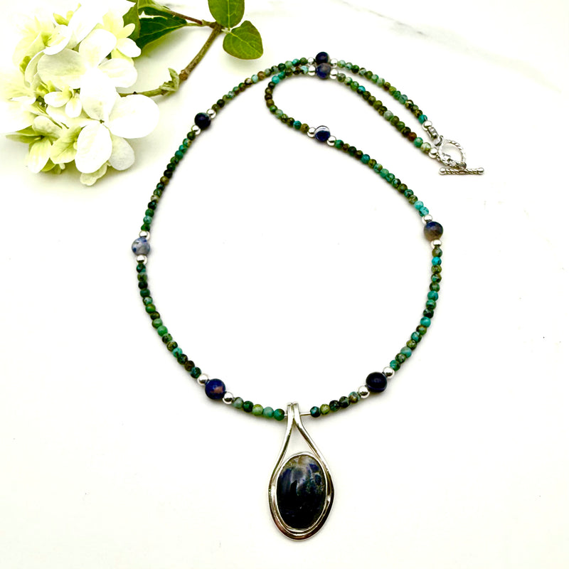 "Earth's Bounty" Sodalite Pendant with Turquoise Beaded 20" Necklace with 1.75" Pendant