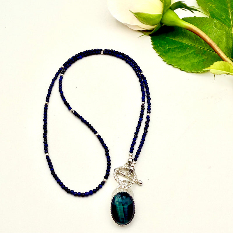 "The Moana (Ocean)" Chrysoberyl (green-blue cat's eye) with Beaded Sodalite 18" Necklace with .5" Pendant