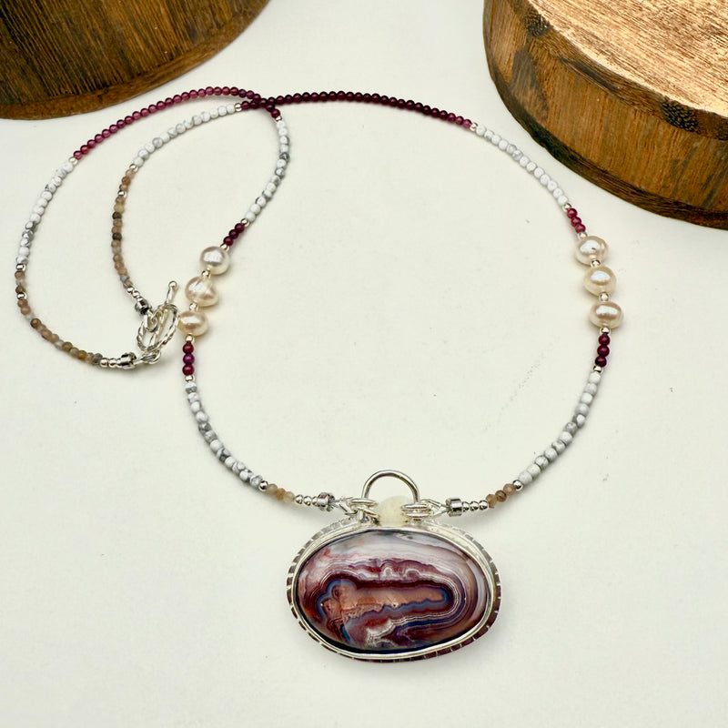 "Earth Lace" Crazy Lace Agate with Garnet, Freshwater Pearl, Mother of Pearl 20" beaded necklace with 2.5" Pendant