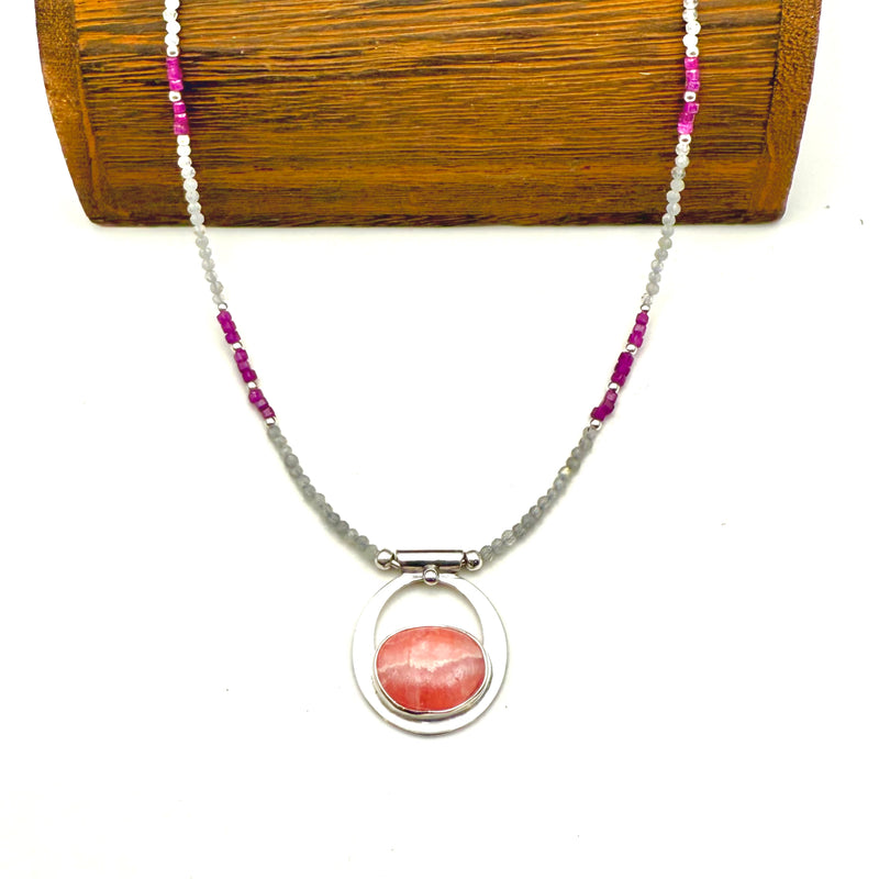 "Sweetness and Elegance" Rhodochrosite with Ruby and Labradorite Beaded Necklace