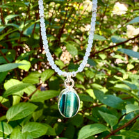 "Moana (Ocean)" Chrysoberyl (Cat's Eye) 1" Pendant on a  16" Aquamarine Beaded Necklace