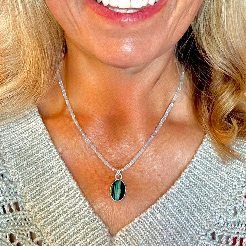 "Moana (Ocean)" Chrysoberyl (Cat's Eye) 1" Pendant on a  16" Aquamarine Beaded Necklace