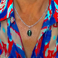 "Moana (Ocean)" Chrysoberyl (Cat's Eye) 1" Pendant on a  16" Aquamarine Beaded Necklace