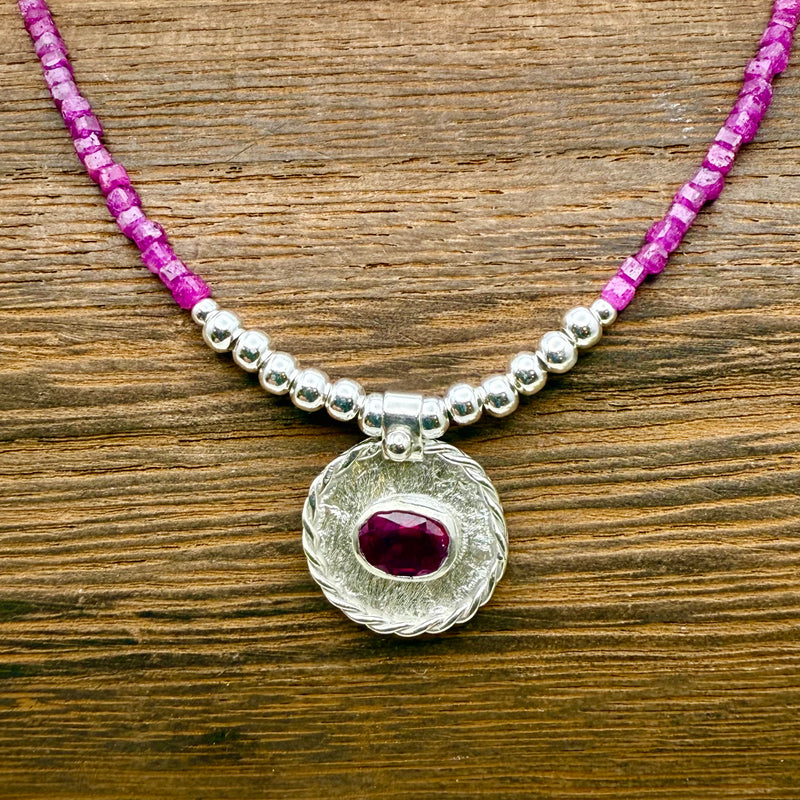 "Ruby Bridges" Faceted Ruby with natural Ruby beaded 16" Necklace with .5" Pendant