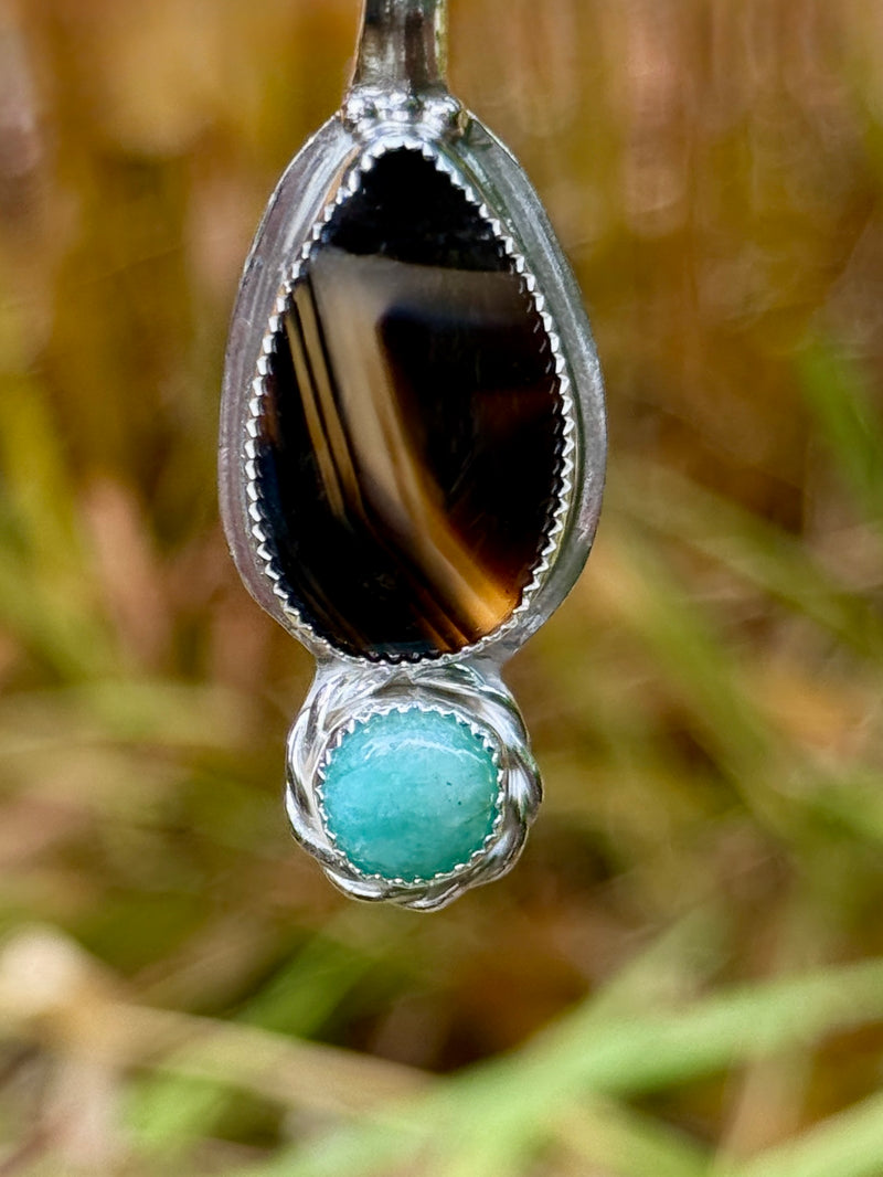 "Lightning Bolt of Inspiration" 2" Montana Agate and Amazonite Pendant on 18" and 15" double-strand beaded smoky-quartz necklace