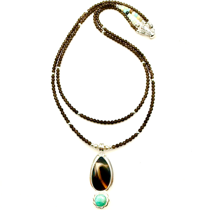 "Lightning Bolt of Inspiration" 2" Montana Agate and Amazonite Pendant on 18" and 15" double-strand beaded smoky-quartz necklace