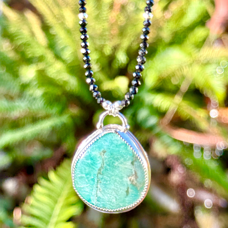 "Straight from the Heart" Amazonite with Black Onyx Beaded 17" Necklace with 2" Pendant