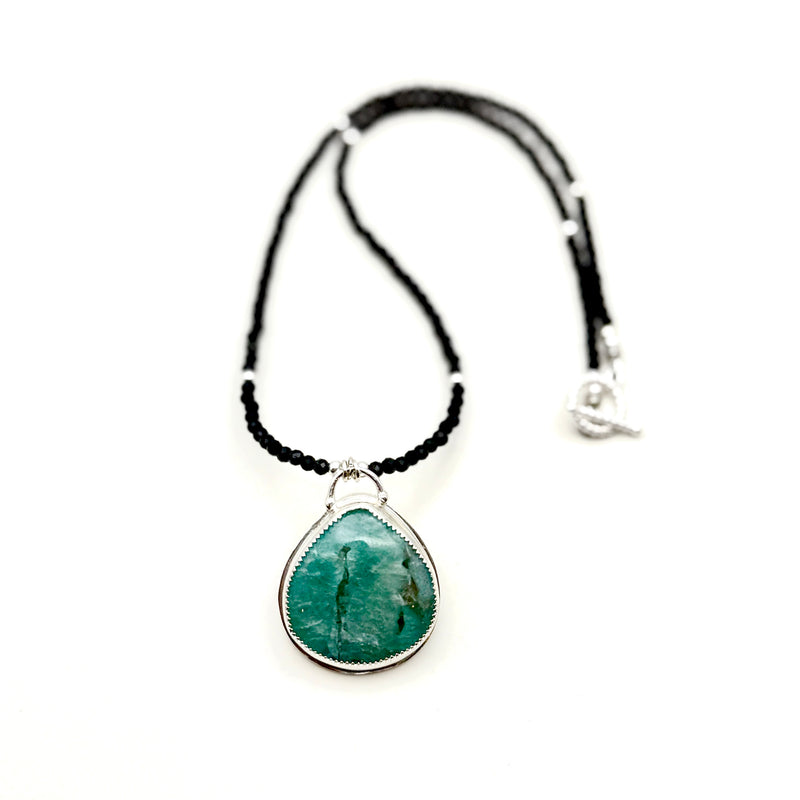 "Straight from the Heart" Amazonite with Black Onyx Beaded 17" Necklace with 2" Pendant