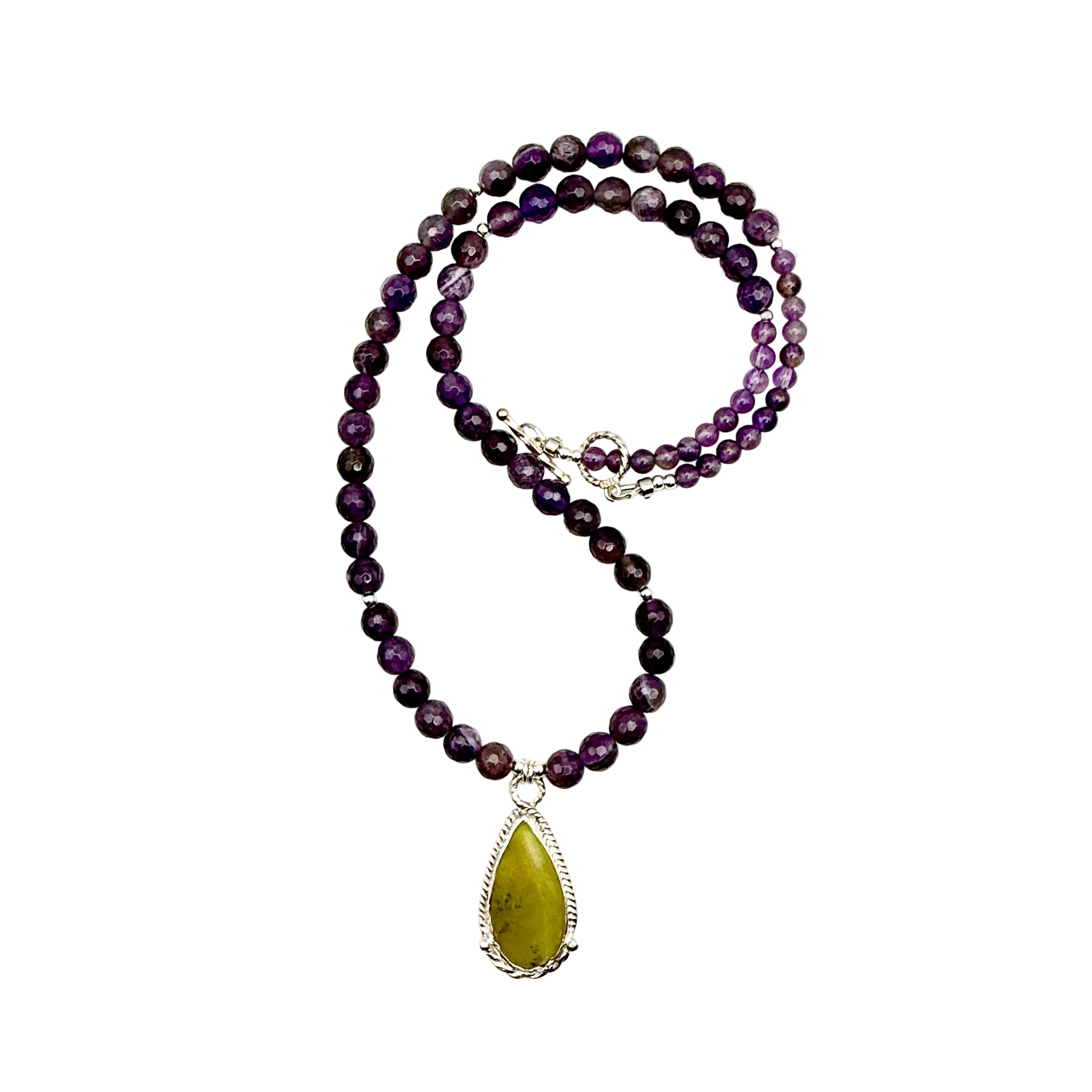 "Opposites Attract" 2" Serpentine Pendant on 17" Amethyst Beaded Necklace