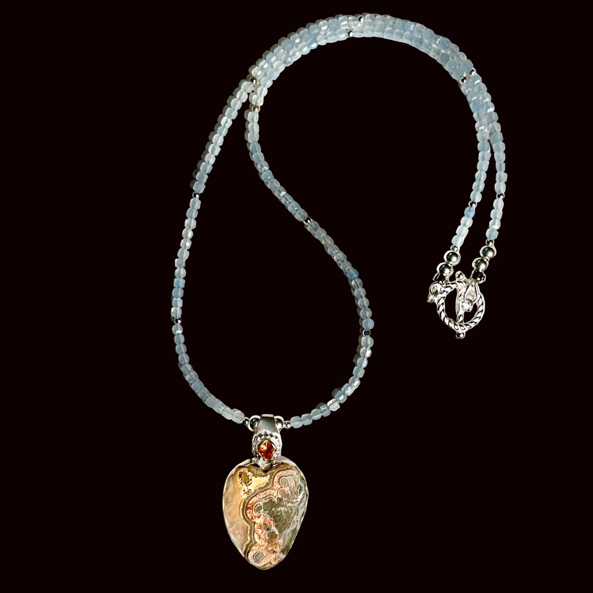 "Heart-to-Heart" 1.5 inch Crazy Lace Agate and Hessonite Garnet Pendant on 17" Natural Aquamarine Beaded Necklace