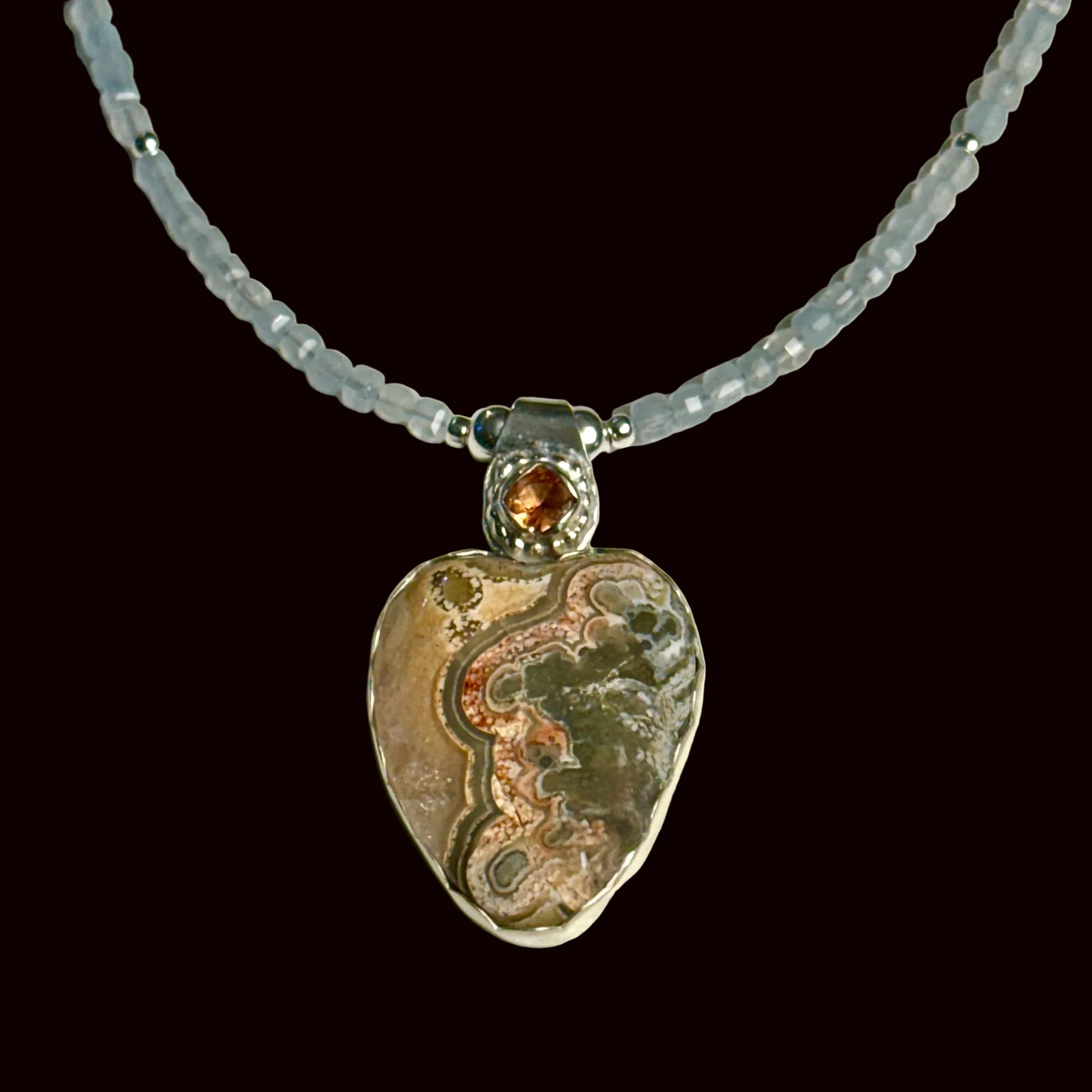 "Heart-to-Heart" 1.5 inch Crazy Lace Agate and Hessonite Garnet Pendant on 17" Natural Aquamarine Beaded Necklace