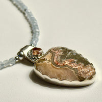 "Heart-to-Heart" 1.5 inch Crazy Lace Agate and Hessonite Garnet Pendant on 17" Natural Aquamarine Beaded Necklace