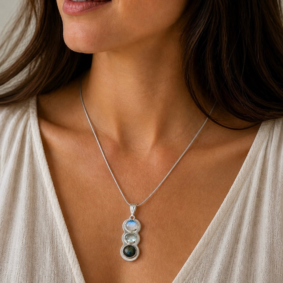 "Inner Light" Moonstone, Aquamarine, and Labradorite Pendant